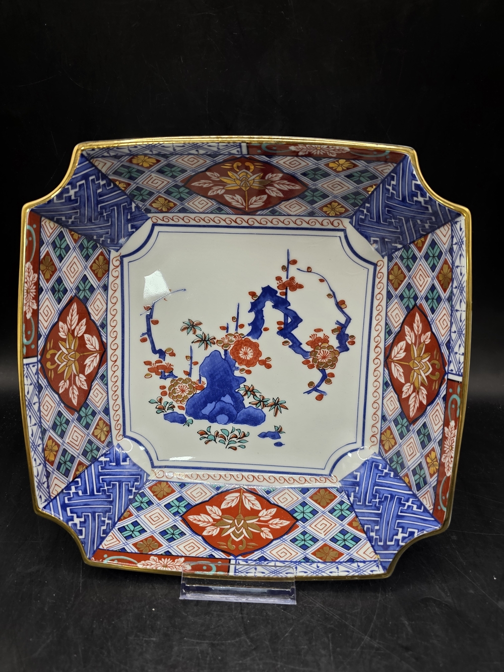 Decorative Japanese Imari-Style Porcelain Square Square Bowl - Blue & Red Floral